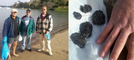 Beach clean volunteers Leigh Pettigrew, Gary Meltzer and Vince Bethell, and oil collected from the beach in mid-June