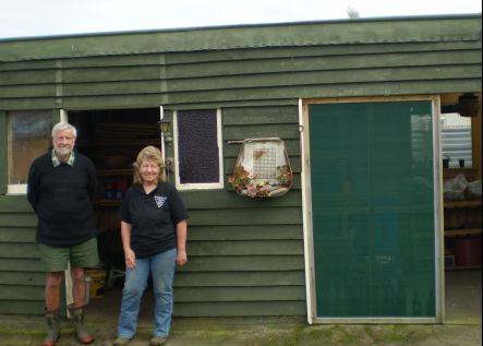 Dr Harvey Sept Robert Bremmer and Harvey home renovator Sue Weeks on site of original homing pidgeon loft