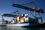 A container ship docked at the Port of Auckland