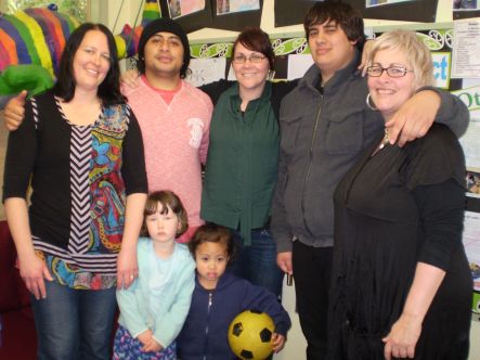 YMen from left Julie Morrison and daughter Saffron with friend Korbin Afa Tunupopo Head Teacher Trinity Coulston Te Karauna Renau and General Manager Wellington Kindergartens Amanda Coulston