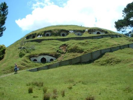 Hobbit houses dot a green Waikato hill - where the Hobbiton scenes were filmed in Matamata