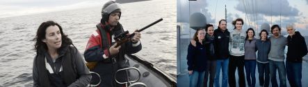 Rochelle Constnatine and Clinton Duffy preparing to collect a biopsy sample from a dolphin, and the Pew science team on board HMNZS Canterbury