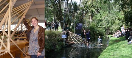 Courtney McCrostie with her team's bridge, and that bridge being tested