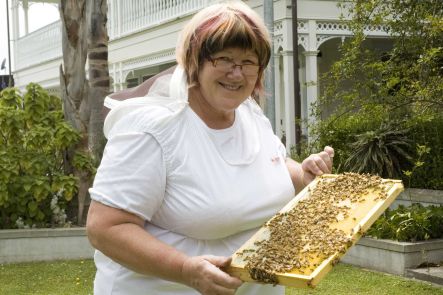 Carol Downer with her bees.