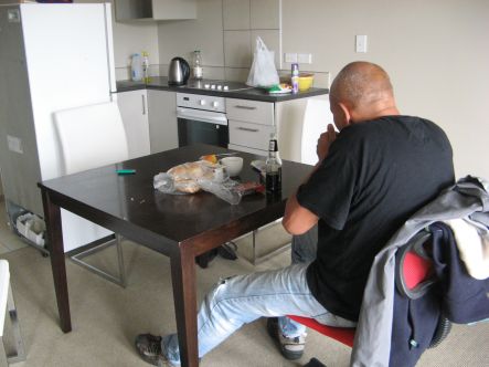 Homeless December James rarely eats at home in his red stickered squat in central Christchurch