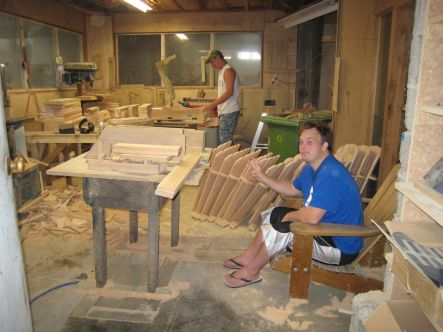 Crafting the Future Lawrence taking a break while helper Will finishes a chair seat small