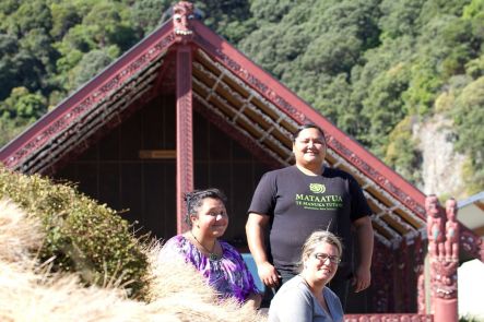 Mataatua the Return Home Mataatua Wharenui with guides and Manager Hinauri Mead foreground small