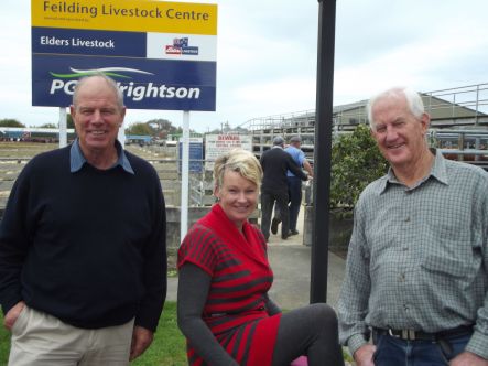 Feilding Retired local farmers and saleyard guides Eric Linklater and Dave Stroud with Feilding Promotions Manager Helen Worboys