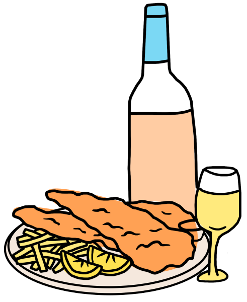 Illustration of a plate of fish & chips with a glass of wine