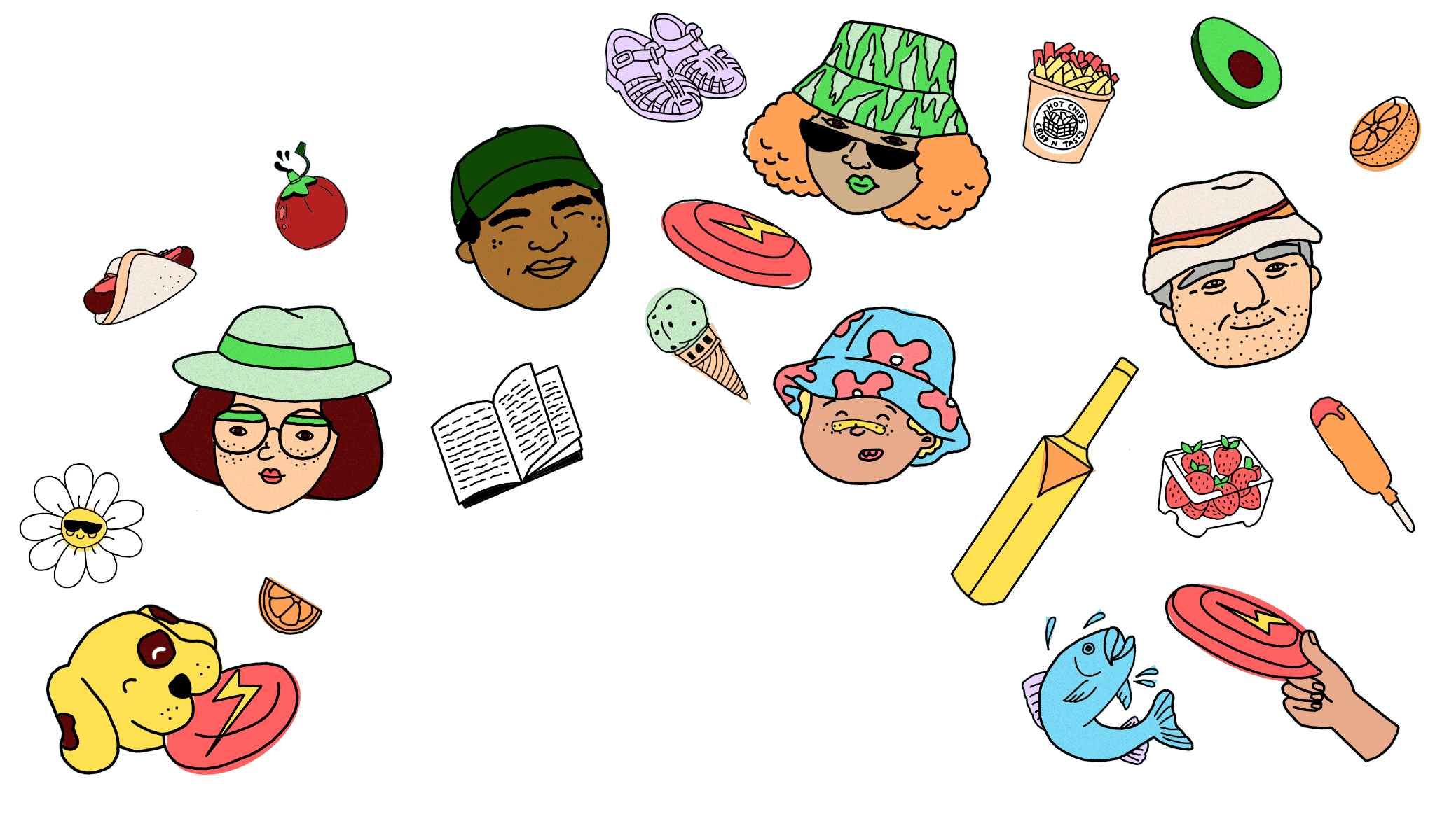 An illustration showing things that represent summer such as food, games and people in sun hats